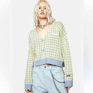 Dolls Kill OVERSIZED CHECKERED KNIT CARDIGAN KICKERS DICKIES EXTRA SMALL